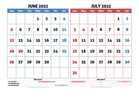 June And July 2022 Printable Calendar